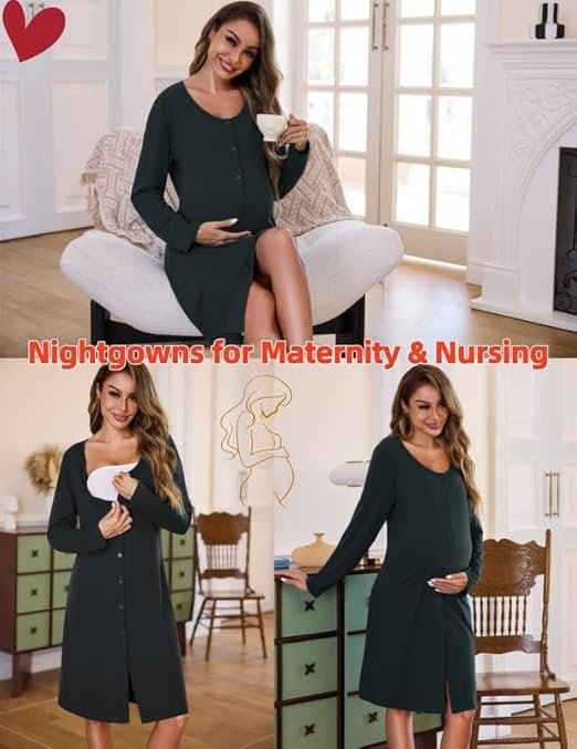 Marvmys Women's Nightgown 2 Pack Long Sleeve Button Down Sleep Shirt Nightshirt V-Neck Sleepwear Pajama Dress S-3XL - Image 2