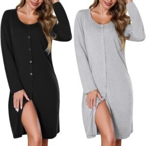 Marvmys Women's Nightgown 2 Pack Long Sleeve Button Down Sleep Shirt Nightshirt V-Neck Sleepwear Pajama Dress S-3XL