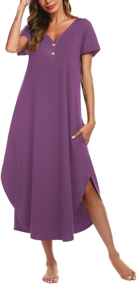 Ekouaer Long Nightgowns for Women Button Night Gowns Short Sleeve Sleepwear Full Length Sleep Shirts With Pockets S-2XL - Image 2