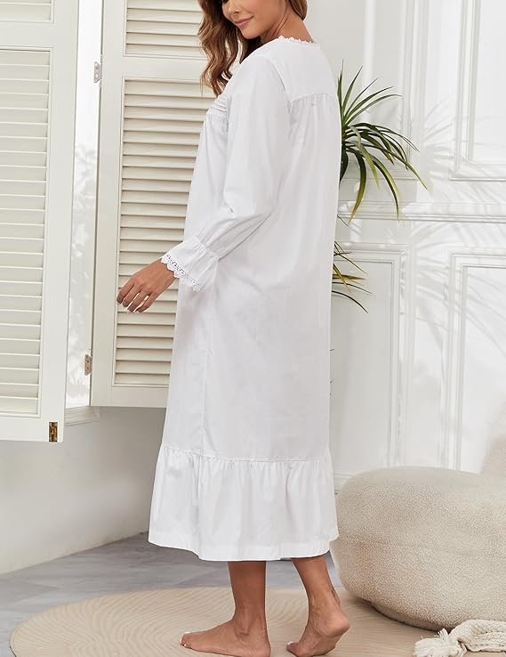 100% Cotton Nightgowns For Women Victorian Night Gown Long Sleeve House Dress With Pockets S-3XL