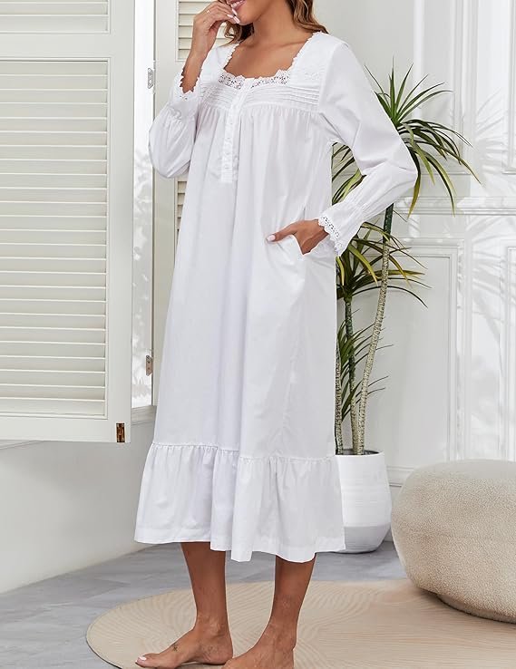 100% Cotton Nightgowns For Women Victorian Night Gown Long Sleeve House Dress With Pockets S-3XL - Image 2