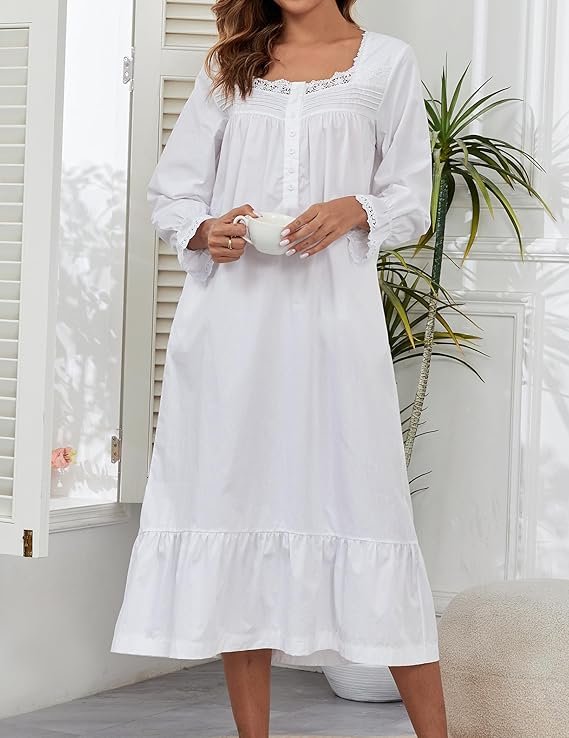 100% Cotton Nightgowns For Women Victorian Night Gown Long Sleeve House Dress With Pockets S-3XL - Image 3