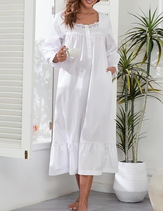 100% Cotton Nightgowns For Women Victorian Night Gown Long Sleeve House Dress With Pockets S-3XL - Image 4
